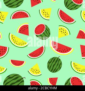 Seamless pattern with red and yellow watermelon. Summer background. Vector Stock Vector