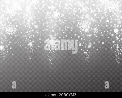 Snow and snowflakes falling on transparent background. Bright magic Christmas design. Winter backdrop with realistic snow. Frost storm, vector Stock Vector