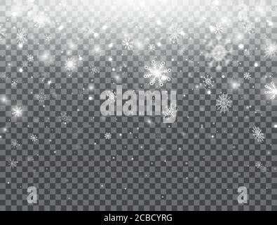 Realistic falling snowflakes isolated on transparent background. Winter background with snow. White snowflakes flying in the air. Magic snowfall textu Stock Vector