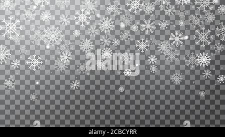 Realistic falling snowflakes isolated on transparent background. Winter background with snow and snowflakes in different shapes. Magic vector Stock Vector