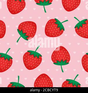 Seamless background with red strawberries. Vector strawberry pattern on pink background with hearts. Design for wallpapers, web pages, textures Stock Vector