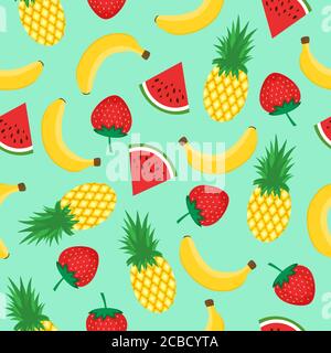 Seamless pattern with yellow bananas, pineapples, watermelon and strawberries on mint green background. Summer fruit mix illustration. Stock Vector