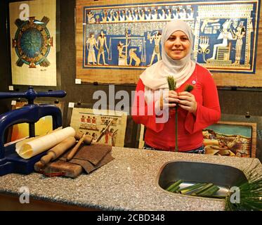 Egyptian woman shows tourists how papyrus paper is made Stock Photo