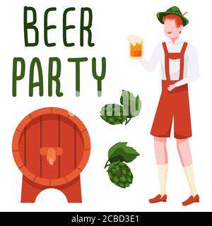 Man with beer mug and hop cone on white isolated backdrop. Wooden barrel for invitation or gift card, notebook, bath tile, scrapbook. Phone case or cl Stock Vector