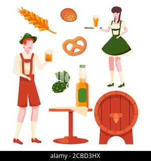Man and woman with beer on white isolated backdrop. Brewery elements for invitation or gift card, notebook, bath tile, scrapbook. Phone case or cloth Stock Vector