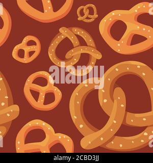 Bavarian pretzels on brown backdrop. Traditional bakery seamless pattern for wallpaper, wrap paper, sleeper, bath tile, apparel or bed linen. Bag or h Stock Vector