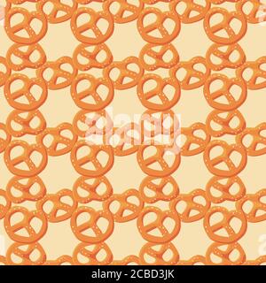 Bavarian pretzels on yellow backdrop. German bakery seamless pattern for wallpaper, wrap paper, sleeper, bath tile, apparel or bed linen. Bag or hoody Stock Vector