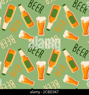 Beer text, glasses and bottles on green backdrop. Brewery seamless pattern for wallpaper, wrap paper, sleeper, bath tile, apparel or bed linen. Bag or Stock Vector