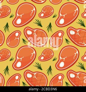 Raw and grill pork steaks on yellow backdrop. Barbecue seamless pattern for wallpaper, wrap paper, sleeper, bath tile, apparel or bed linen. Bag or ho Stock Vector