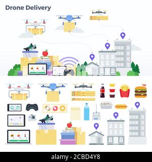 Set of different drones with control panels for delivery of goods vector illustration in flat design Stock Vector
