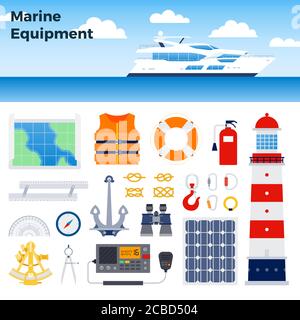 Motor yacht and marine equipment vector illustration in a flat design. Stock Vector