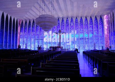 Brazil Brasilia - Catholic Church Santuario Dom Bosco with bright blue lit interior Stock Photo