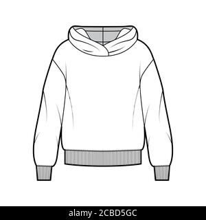 Oversized cotton-fleece hoodie technical fashion illustration with relaxed fit, long sleeves. Flat outwear jumper apparel template front, white color. Women, men, unisex sweatshirt top CAD mockup Stock Vector