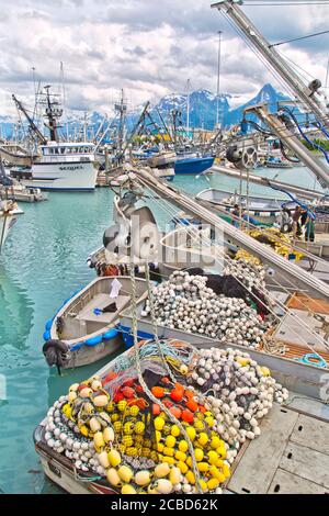 Fishing boats awaiting opening of the 'Coho' Salmon Season,  early July, Valdez Bay, Valdez, Alaska. Stock Photo