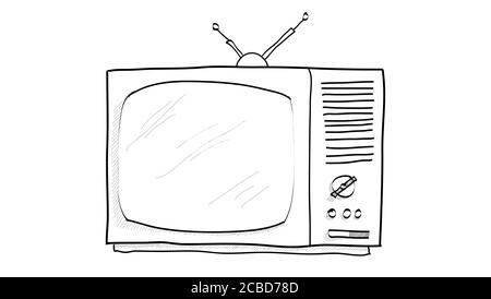 Hand-drawn sketch. Contour drawing of retro TV. Vector icon on white background. Stock Vector