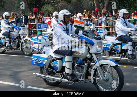 Kolkata, West Bengal, India - 26th January 2020 : West Bengal Police are marching past on their motorcycles, motorbike rally for India's republic day. Stock Photo