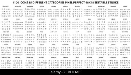 1100 Icons 55 Different Categories Pixel Perfect 48x48 Editable Stroke Vector Icons Stock Vector