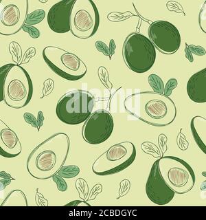 Vector seamless background with whole and sliced avocado fruit on a light background Stock Vector