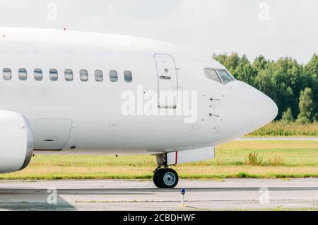 Nose cockpit pilot on the side of taxiing at the airport Stock Photo