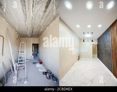 Comparison snapshot of a big beautiful room in a private house before and after reconstruction, messy room with empty grey walls vs new clean shiny interior Stock Photo