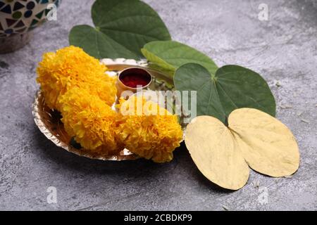 Dussehra or Vijaya dashami greeting card. Green leaf golden, colord leaf Rie and kumkum Stock Photo