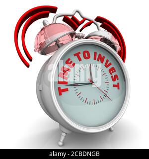 Time to invest. The alarm clock with an inscription. Alarm clock with the text TIME TO INVEST. 3D illustration Stock Photo