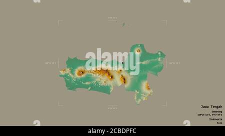 Area of Jawa Tengah, city of Indonesia, isolated on a solid background in a georeferenced bounding box. Labels. Topographic relief map. 3D rendering Stock Photo