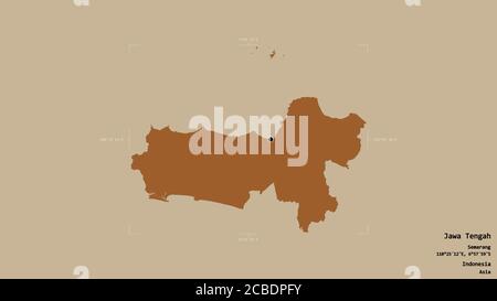 Area of Jawa Tengah, city of Indonesia, isolated on a solid background in a georeferenced bounding box. Labels. Composition of patterned textures. 3D Stock Photo