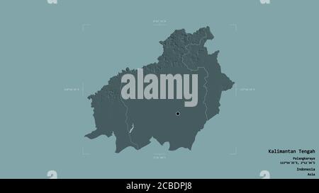 Area of Kalimantan Tengah, province of Indonesia, isolated on a solid background in a georeferenced bounding box. Labels. Colored elevation map. 3D re Stock Photo