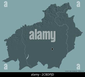 Shape of Kalimantan Tengah, province of Indonesia, with its capital isolated on a solid color background. Colored elevation map. 3D rendering Stock Photo