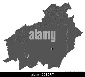 Shape of Kalimantan Tengah, province of Indonesia, with its capital isolated on white background. Bilevel elevation map. 3D rendering Stock Photo