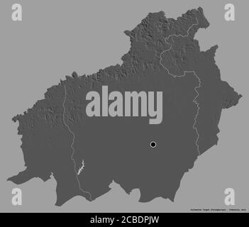 Shape of Kalimantan Tengah, province of Indonesia, with its capital isolated on a solid color background. Bilevel elevation map. 3D rendering Stock Photo