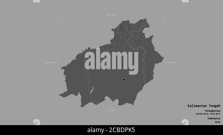 Area of Kalimantan Tengah, province of Indonesia, isolated on a solid background in a georeferenced bounding box. Labels. Bilevel elevation map. 3D re Stock Photo