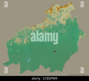 Shape of Kalimantan Tengah, province of Indonesia, with its capital isolated on a solid color background. Topographic relief map. 3D rendering Stock Photo