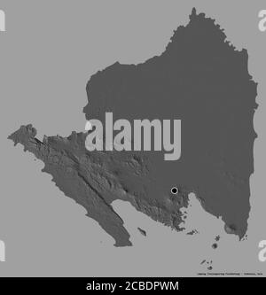 Shape of Lampung, province of Indonesia, with its capital isolated on a solid color background. Bilevel elevation map. 3D rendering Stock Photo