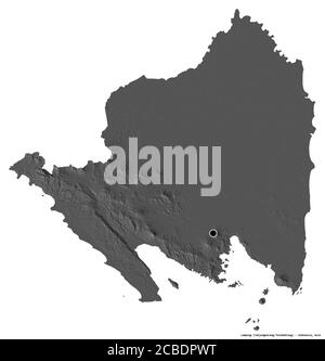 Shape of Lampung, province of Indonesia, with its capital isolated on white background. Bilevel elevation map. 3D rendering Stock Photo