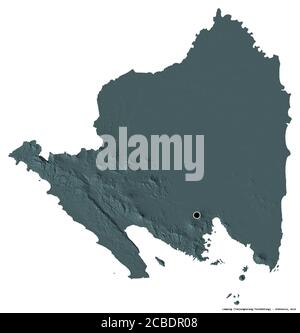 Shape of Lampung, province of Indonesia, with its capital isolated on white background. Colored elevation map. 3D rendering Stock Photo