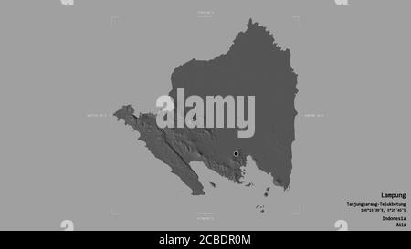 Area of Lampung, province of Indonesia, isolated on a solid background in a georeferenced bounding box. Labels. Bilevel elevation map. 3D rendering Stock Photo