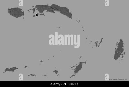 Shape of Maluku, province of Indonesia, with its capital isolated on a solid color background. Bilevel elevation map. 3D rendering Stock Photo