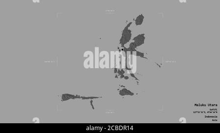 Area of Maluku Utara, province of Indonesia, isolated on a solid background in a georeferenced bounding box. Labels. Bilevel elevation map. 3D renderi Stock Photo