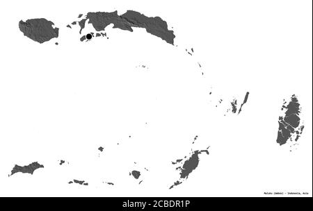 Shape of Maluku, province of Indonesia, with its capital isolated on white background. Bilevel elevation map. 3D rendering Stock Photo