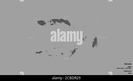 Area of Maluku, province of Indonesia, isolated on a solid background in a georeferenced bounding box. Labels. Bilevel elevation map. 3D rendering Stock Photo