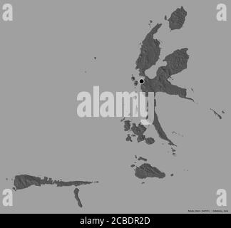 Shape of Maluku Utara, province of Indonesia, with its capital isolated on a solid color background. Bilevel elevation map. 3D rendering Stock Photo