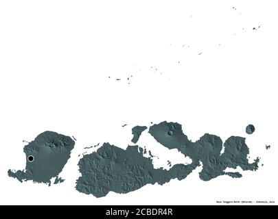 Shape of Nusa Tenggara Barat, province of Indonesia, with its capital isolated on white background. Colored elevation map. 3D rendering Stock Photo