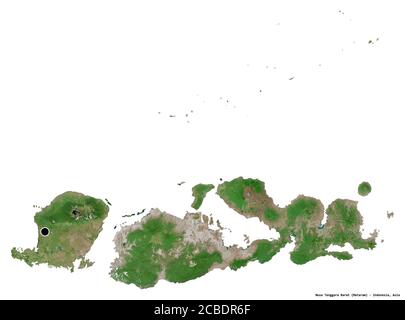 Shape of Nusa Tenggara Barat, province of Indonesia, with its capital isolated on white background. Satellite imagery. 3D rendering Stock Photo