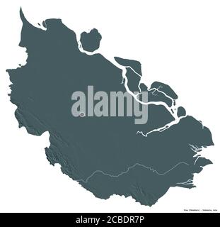 Shape of Riau, province of Indonesia, with its capital isolated on white background. Colored elevation map. 3D rendering Stock Photo