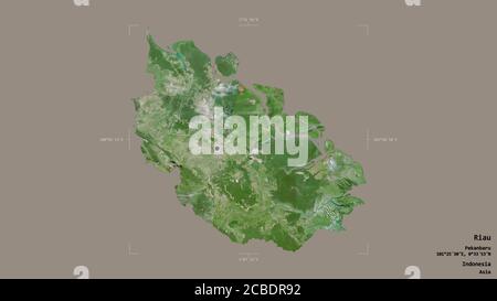 Area of Riau, province of Indonesia, isolated on a solid background in a georeferenced bounding box. Labels. Satellite imagery. 3D rendering Stock Photo