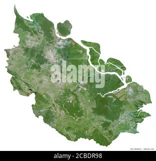 Shape of Riau, province of Indonesia, with its capital isolated on white background. Satellite imagery. 3D rendering Stock Photo