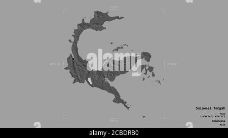 Area of Sulawesi Tengah, province of Indonesia, isolated on a solid background in a georeferenced bounding box. Labels. Bilevel elevation map. 3D rend Stock Photo