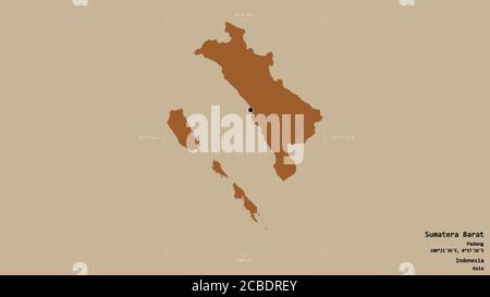 Area of Sumatera Barat, province of Indonesia, isolated on a solid background in a georeferenced bounding box. Labels. Composition of patterned textur Stock Photo